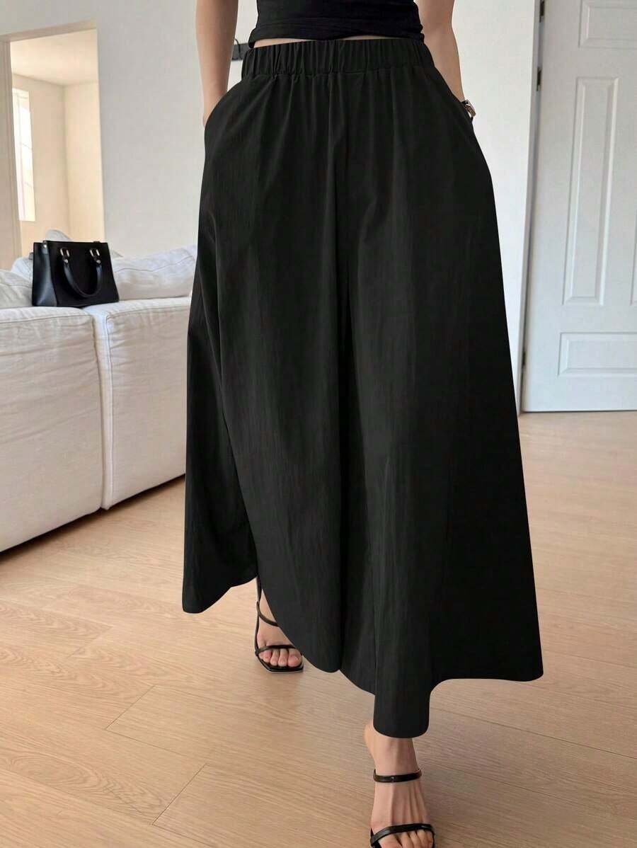 Pantalones anchos y cortos de unicolor elegantes y holgados para mujer, adecuados para el verano y el otoño - Negro - Ver 1