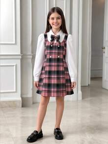 Girls' Preppy Style 2-In-1 Dress, 8-12 Years Old, Princess Dress, Pink Plaid Patchwork White Shirt + Bow Decor + Hidden Zipper + Double Split Hem Design, Children's Dress, Party / Performance - Pink - View 4