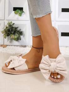 Polyester Bow Decor Slide Sandals, Suitable For Beach Vacation, Summer - Beige - View 4