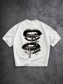 Men's T-Shirt With Cross Pattern Print And Lip Jewelry, Round Neck, Short Sleeve For Outdoor Summer Sports, Casual Blouses For Women, Women's Blouses, Women's T-Shirts - 白色 - 查看 6