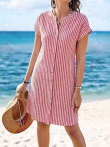 Vestido camisero de verano para mujer, de manga corta, cuello en V y rayas, hasta la rodilla, vestidos de verano para mujer, vacaciones - Multicolor - Ver 1