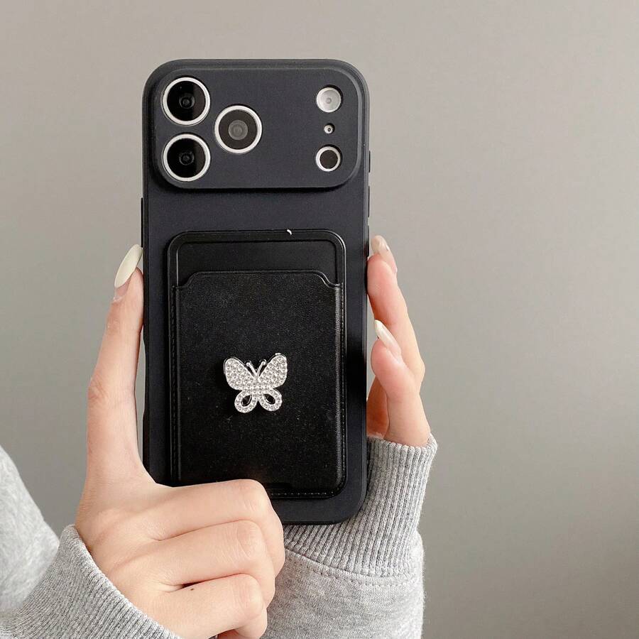 Funda de teléfono con cordón, portacards, funda de teléfono + correa de muñeca, compatible con iPhone 17 Pro Max, 16 Pro Max, 15 Pro Max, 14 Pro Max, 13 Pro Max, 12 Pro Max, 11 Pro Max, XS Max, 7/8 Plus, S26, 2524321u, Honor, con diseño de mariposa - Negro - Ver 1