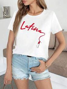 Camiseta 100% algodón con estampado de labios rojos latinos, estilo country, con diseño gráfico de nacionalidad. - Blanco - Ver 6