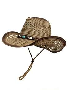 Un sombrero de vaquero unisex de paja de papel marrón con diseño calado que protege del sol, adecuado para actividades al aire libre y vacaciones en la playa - A - Ver 8
