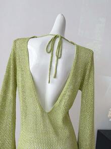 1pc Beach Vacation Knit Hollow See-Through Sexy Backless Tie Strap Long Sleeve Coverup Midi Dress - Green - View 7