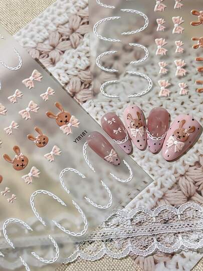 1 Peça Adesivos de Arte de Unhas com Laço de Coelho, Adesivos de Unhas Autoadesivos 5D Relevo XXX DIY e Decalques - Suprimentos de Unhas e Encantos de Unhas para Meninas e Mulheres - Unhas de Primavera e Verão para Salão de Beleza Doméstico e Férias