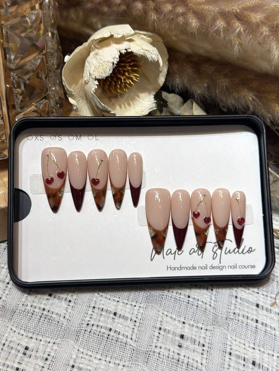 10 miếng dán móng tay thủ công, hình hạnh nhân, màu nude, họa tiết da báo caramel, kiểu móng Pháp, thiết kế quả anh đào 3D, decal nghệ thuật móng tay cao cấp, sang trọng phù hợp cho nữ, có thể tháo rời và tái sử dụng. - Nhiều màu - Xem 1