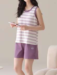AICJ 两件套女士休闲简约春夏圆领条纹粉色碎花无袖背心和短裤睡衣套装，柔软舒适家居服 - 淡紫色 - 查看 4