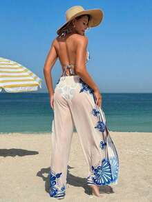 HaiiMeid Conjunto de bikini de 3 piezas con estampado de cerámica azul y blanco con Bottom de pierna ancha - Elegante estilo de vacaciones mediterráneas - Traje de baño de cintura alta para verano - Multicolor - Ver 4