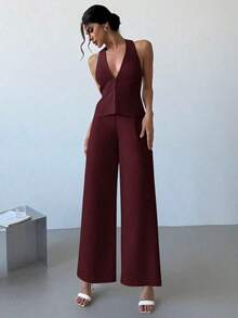 Set de 2 piezas: Elegante chaleco sin mangas de lino ligero con cuello en V y pantalones anchos de pierna plisada de cintura alta, conjunto casual de negocios para ir al trabajo, primavera/verano, graduación, atuendos de maestras, regreso a la escuela en otoño/invierno - Burdeos - Ver 8