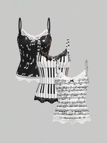 ROMWE Conjunto de 3 piezas con camiseta de tirantes con encaje y estampado de notas musicales y teclado de piano, estilo retro Y2K - Blanco y Negro - Ver 11