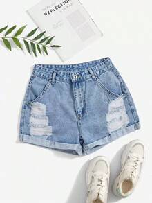 Shorts en mezclilla desgarro crudo bajo de doblez - Lavado ligero - Ver 5