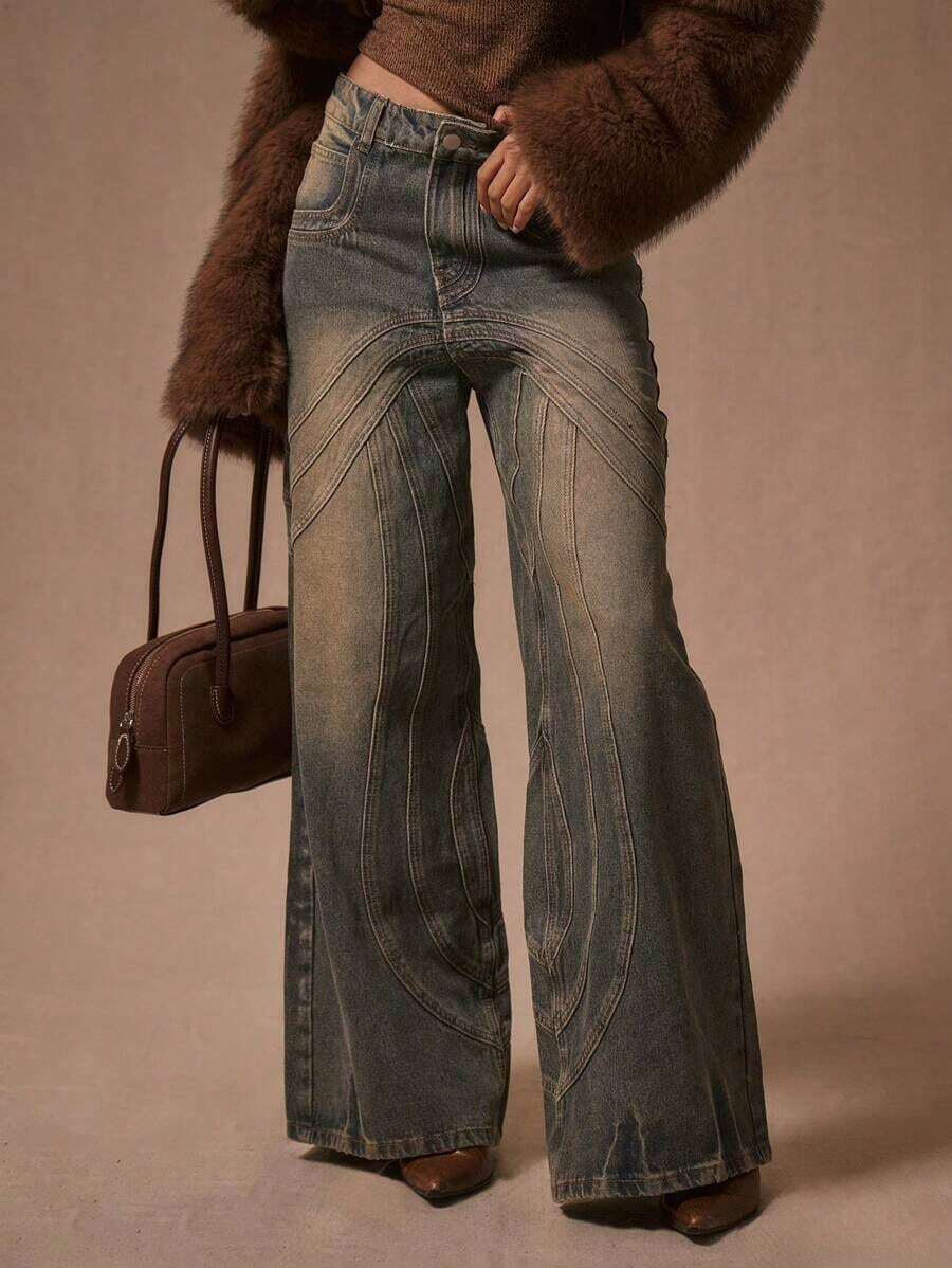 Jeans con ajuste holgado y costuras, estilo casual y lindo de los años 90 y 2000, ideal para primavera, conciertos, festivales, invierno, Nashville, vuelta al colegio, oficina, trabajo y verano - Mostaza Amarilla - Ver 1
