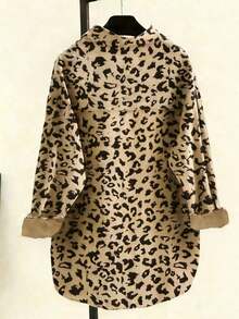 Camisa de manga larga con botones, bolsillos y estampado de leopardo de pana para vacaciones - Albaricoque - Ver 2