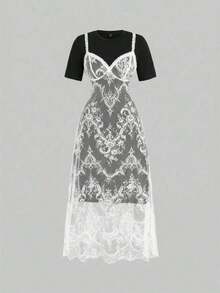 MOD Vestido de manga corta, cuello redondo, ajuste holgado y casual con camiseta interior de encaje, para uso diario, hippie, té, encaje, salir, vestido casual - Blanco y Negro 2 - Ver 12