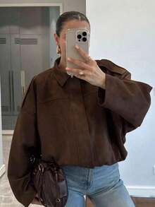 Chaqueta bomber de ante para mujer, abrigo exterior suelto con cuello de solapa, manga larga y cremallera, estilo de moda casual, primavera/otoño - Café integral - Ver 4