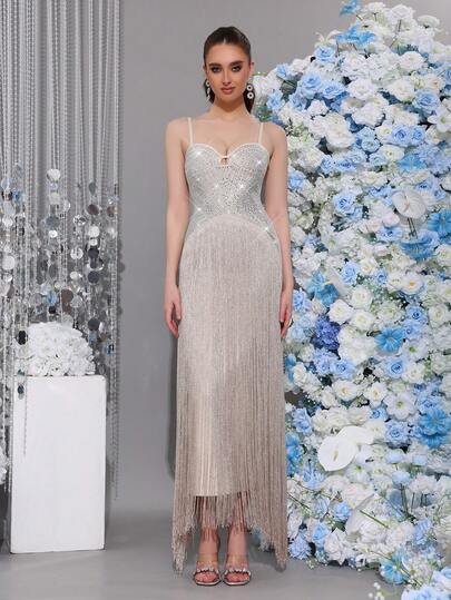 Modphy New Heavily Beaded Pearl Bandeau Bodycon Dress, Elegant Women's Formal Evening Gown For Parties, Weddings, Birthday, Easter