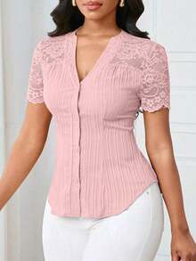 Camisa casual de mujer de unicolor y estilo simple para uso diario, verano - Rosa vieja - Ver 4