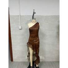 Women's Short Dress With Retro Print And Asymmetrical Ruffles, Summer Vacation Fashion - Brown - View 2