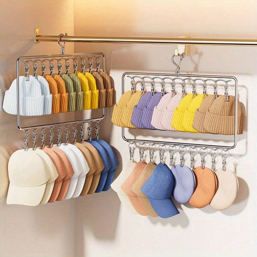 1pc Multipurpose Stainless Steel Double Layer Clips For Hats Socks Underwear Scarves, Perfect Storage Organizer For Home Dorm Closet Cabinet, Practical Clothes Hanging Rack Accessories
