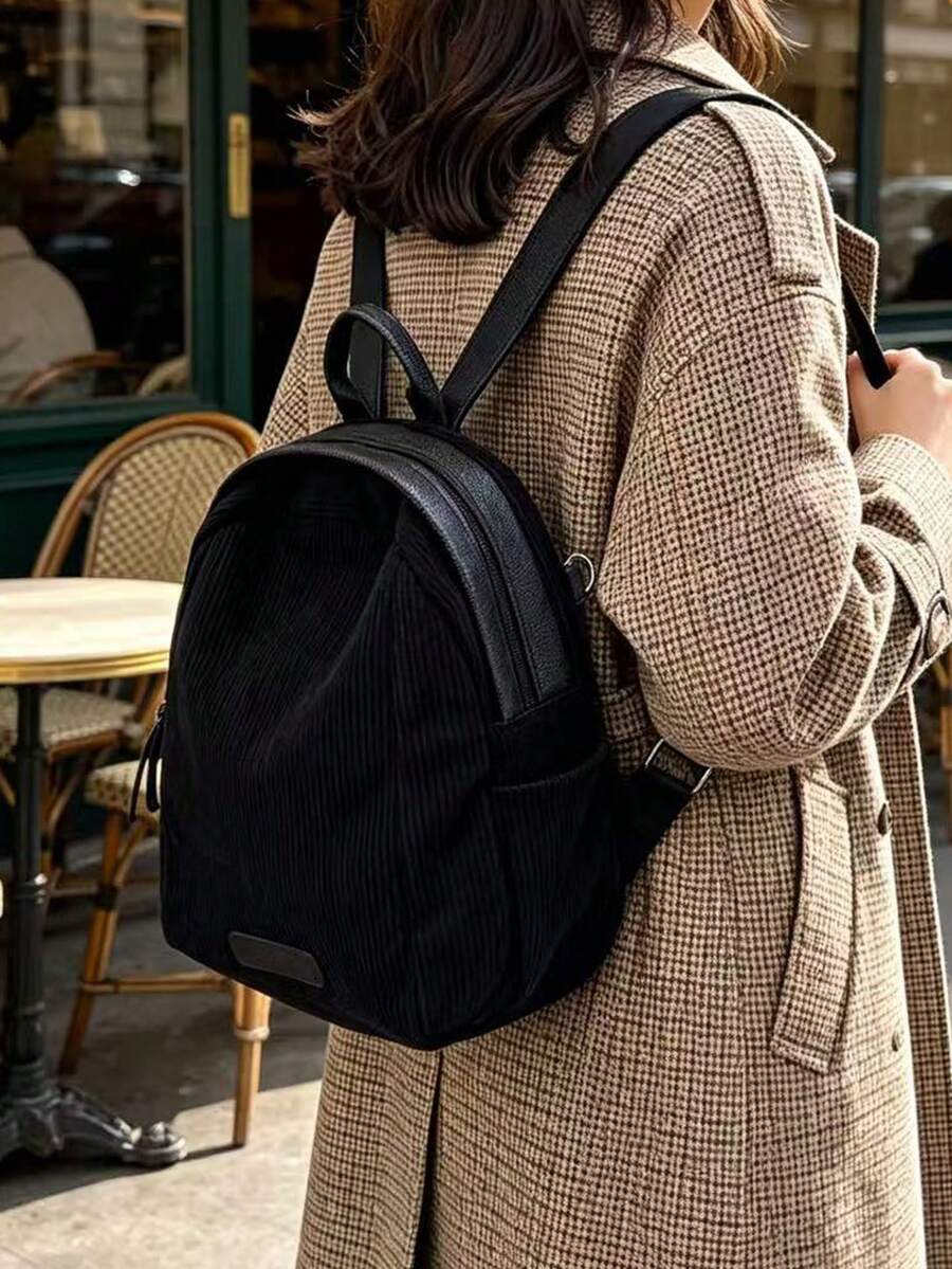 女士灯芯绒迷你背包,休闲轻便日常通勤旅行书包 - 黑色 - 查看 1