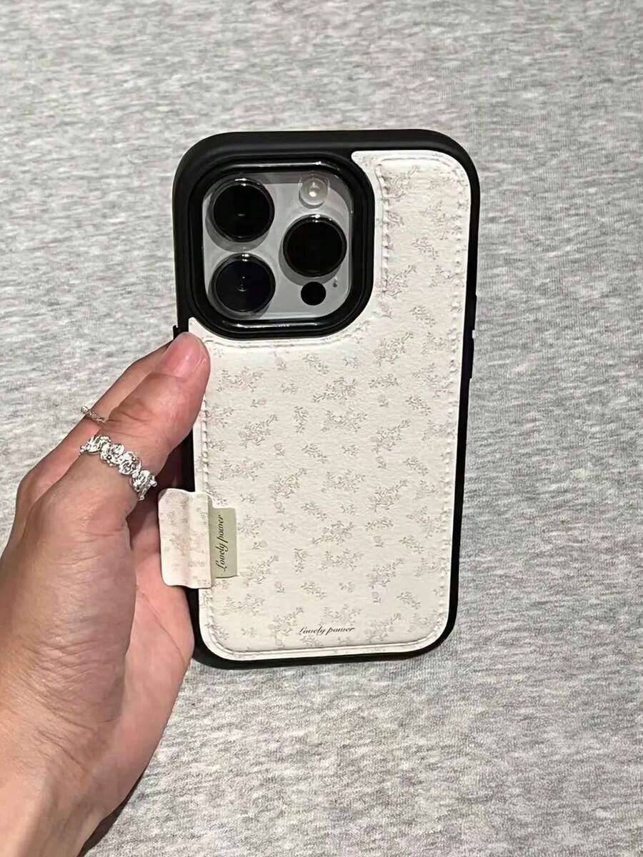 Ins 極簡皮革紋理手機殼,適用於 iPhone 17 Pro Max, 16, 15, 14, 13,花卉圖案,防摔保護套 - 白色 - 查看 1