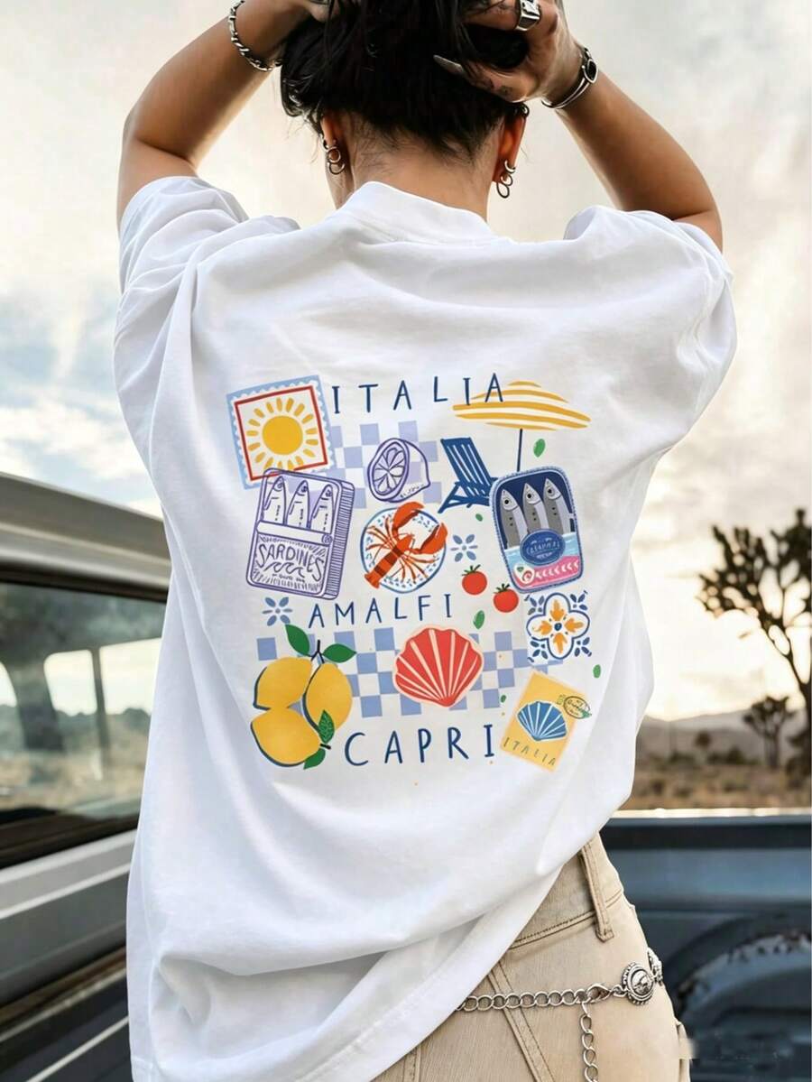 Amalfi Coast Pattern Casual Loose Short Sleeve T-Shirt White - White - View 1