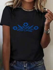 100% Cotton T-Shirt With Letter Print, Round Neck, Short Sleeve, Casual Style, For Spring And Summer, Fashionable Casual Clothing For Women, 100% Cotton T-Shirts. - 黑色 - 查看 1