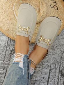 2026 Spring/Autumn New Black Suede Flat Mule Shoes For Women, Metal Chain Round Toe Slip-On Casual Versatile Loafers, Fashionable Commuting Shoes - Beige - View 2