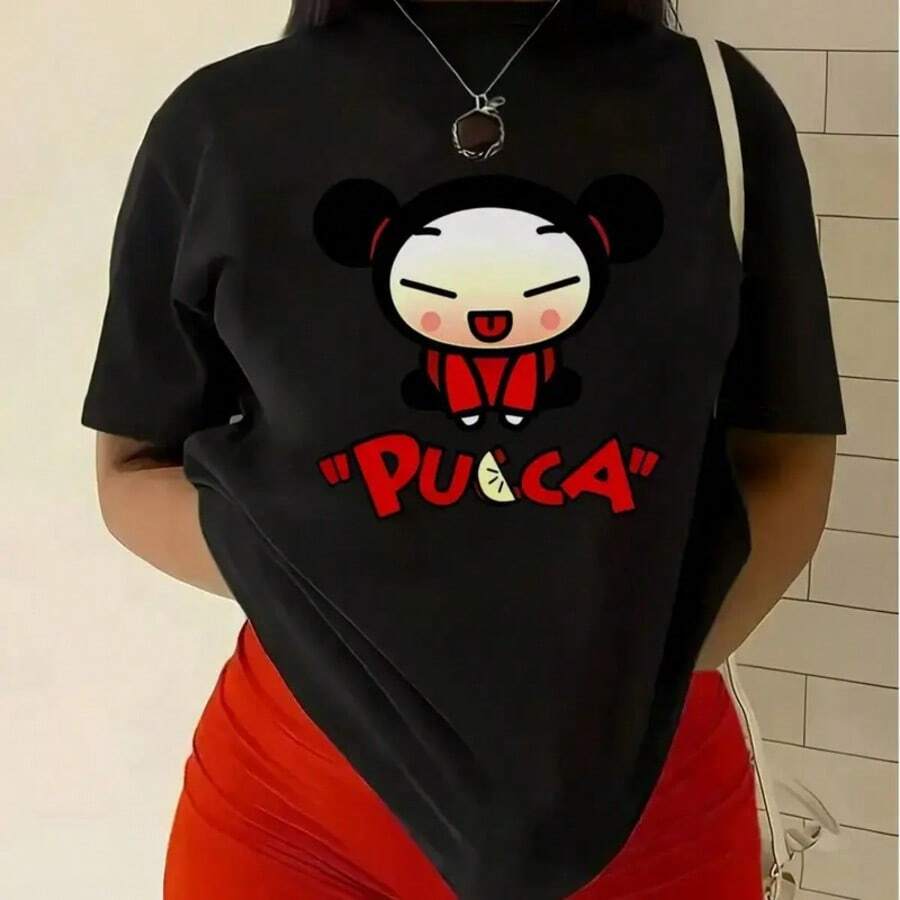 2026Camiseta de de Manga Corta con Estampado Gráfico de Anime, Camiseta Casual de Cuello Redondo con Corte Regular, Tejido Cómodo para Todas las Estaciones, Adecuada para Uso Diario, Camiseta de Mujer, Promocional, Hermosa Camiseta - Negro - Ver 1