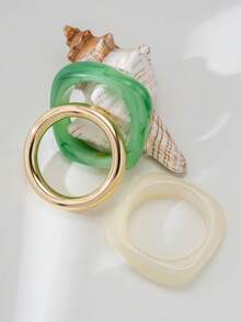 3pcs Faux Jade & Gold Plated Bangle Bracelet Set, Boho Style Stacking Bracelets - Multicolor - View 3