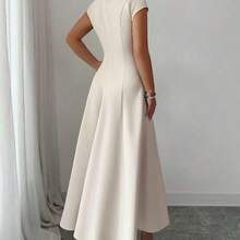 Elenzya Women's Elegant Commuting, Beach, Vacation, Music Festival, Beer Festival Solid Color Square Neck Waist Tie A-Line Short Sleeve Midi Dress, Spring/Summer - Rosa - Ver 3