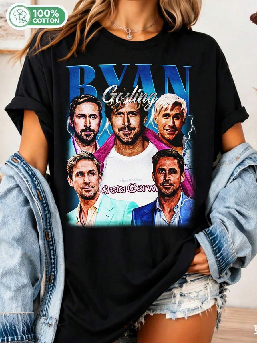 Ryans Gosling T-Shirt – Vintage Crew Neck, Movie Star Style, Clothing For Actor Fans_............___ - Black - View 1