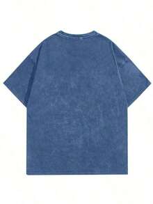 Women's Short-Sleeved Washed Cotton T-Shirt With Round Neck And Minimalist Print, Pretty T-Shirt, Washed T-Shirt, Wrinkle-Resistant Cotton T-Shirt. - 寶藍色 - 查看 2