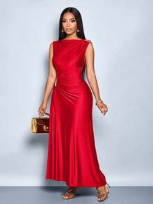 Vestido elegante de mujer con decoración de metal de unicolor, ajuste delgado, adecuado para el uso diario, compras, fiestas y reuniones - Rojo - Ver 3