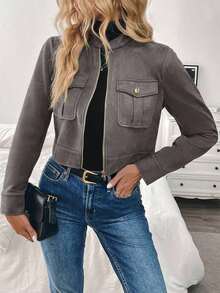 Chaqueta corta de carga de mujer con botones metálicos decorados, cálida y gruesa, adecuada para otoño/invierno - Gris - Ver 4