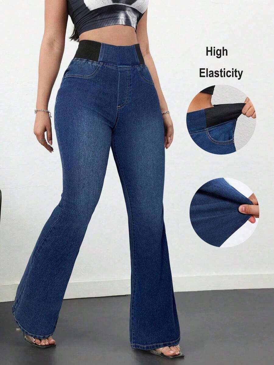 Tall Pantalones vaqueros de mujer casuales, ajustados y elásticos con vuelo, pantalones vaqueros azules ajustados de cintura alta con vuelo para mujeres altas, pantalones vaqueros de verano - Azul lavado oscuro 2 - Ver 1