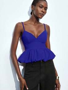 Maija Top de tirantes finos de unicolor con volantes en el bajo, para uso urbano, casual de oficina, elegante para fiestas de Navidad y Año Nuevo, ropa de mujer - Azul - Ver 6
