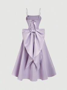 MOD Vestido de satén color albaricoque con lazo en la espalda y largo medio - Púrpura malva - Ver 2