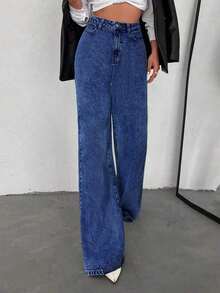 Pantalones vaqueros de mujer de cintura alta y pierna ancha, ajuste delgado, pantalones casuales de mezclilla para mujeres - Azul lavado oscuro - Ver 3
