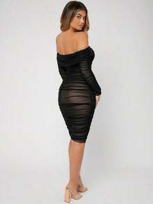 Vestido De Malla Entallado Con Hombros Descubiertos Con Pliegues - Negro 2 - Ver 2