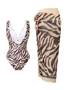 Swim Oasis Set de 2 piezas que incluye 1 traje de baño entero de un solo color y 1 falda larga de malla para playa, verano y vacaciones - Multicolor 2 - Ver 2