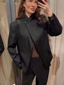 TF.MLN Chaqueta blazer de mujer de unicolor de manga larga y abotonadura sencilla, abrigo de cuello alto de moda vintage profesional para mujer, para otoño y primavera - Negro - Ver 3
