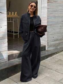 Conjunto de 2 piezas de top holgado de cuello alto y pantalones casuales para mujer, otoño/invierno - Azul marino - Ver 8