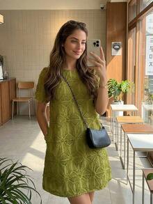 [Beso de ángel] Vestido midi elegante francés para mujer 2026 Verano, nuevo vestido corto de estilo vacacional de cuello redondo con bordado 3D gracioso de alta gama en blanco - Verde Oliva - Ver 6
