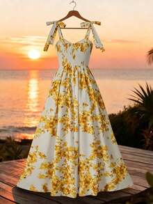 Vestido elegante con estampado floral y hombros con lazo para vacaciones - Amarillo - Ver 2