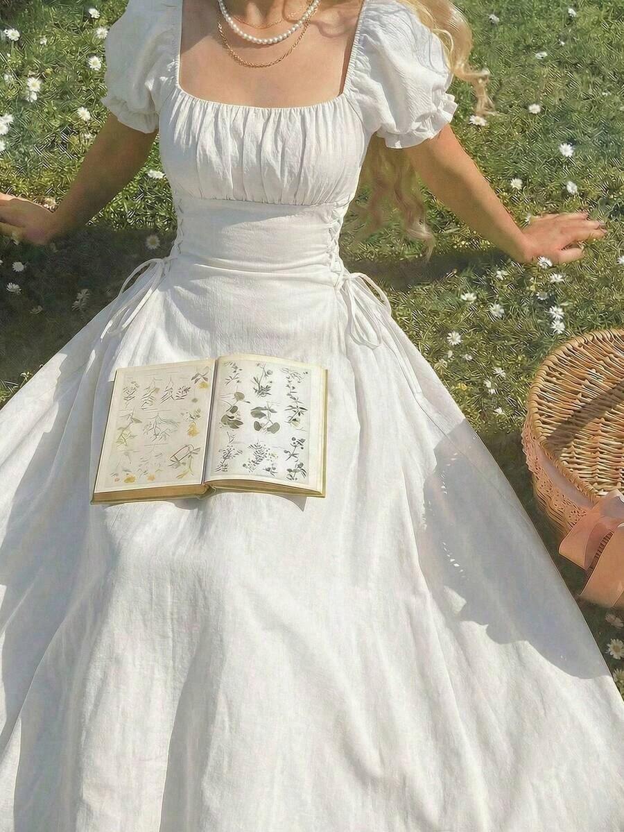 Vestido amarillo de longitud media con mangas de pétalos y cintura con lazo - Blanco - Ver 1