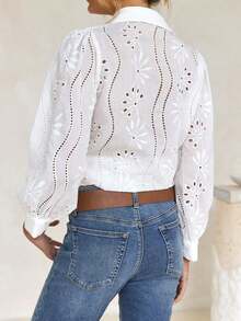 Blusa blanca de mujer, blusa blanca de manga larga con empuñadura de unicolor bordada, adecuada para uso diario, viajes, Día de la Madre, cumpleaños y fiestas en la playa - Blanco - Ver 7