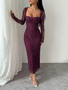 PETITE Vestido maxi negro ajustado de cuello cuadrado con copa de pecho, mangas largas de encaje con forma de S y escote sexy para fiesta de verano, cita y noche - Morado - Ver 4