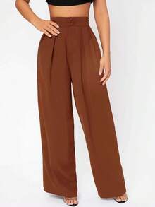 Pantalones negros de vestir de cintura alta con pliegues y pierna ancha - Marrón - Ver 3